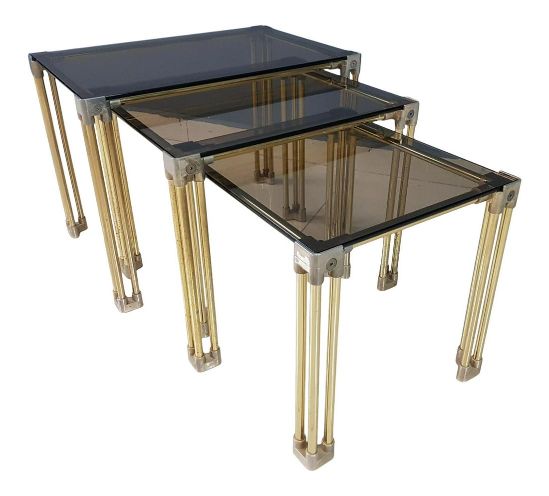 (3) MID-CENTURY CHROME SMOKED GLASS NESTING TABLES (1 of 12)