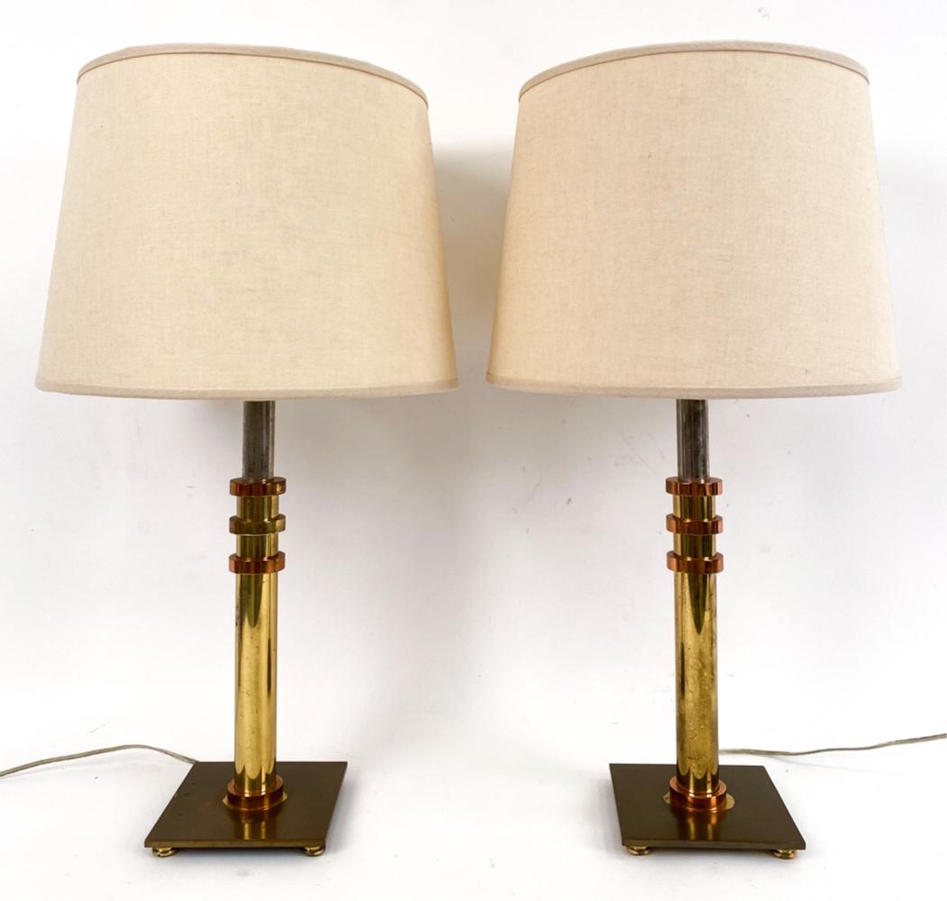 PAIR OF ART DECO-STYLE BRASS & COPPER TABLE LAMPS (1 of 10)