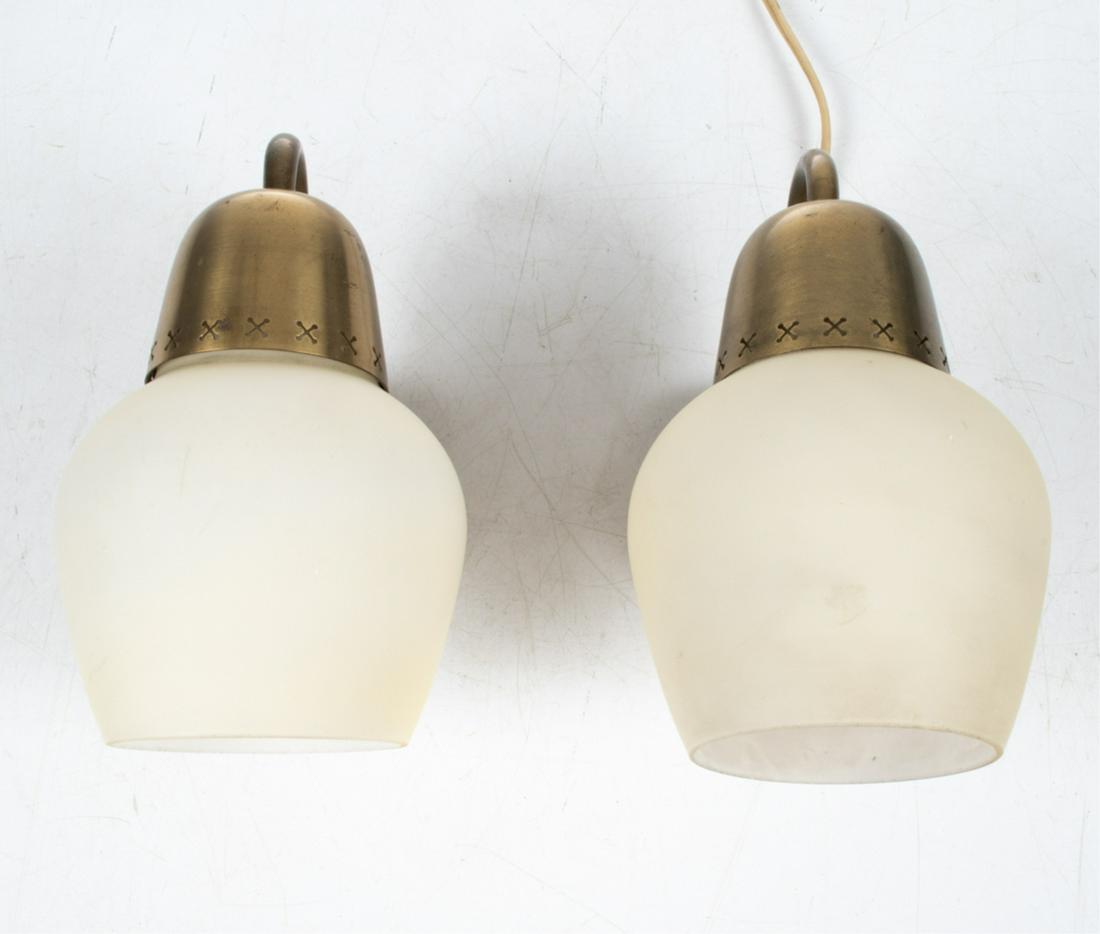 PAIR ATTR. BRENT KARLBY OPAL GLASS & BRASS SCONCES: Danish Mid-Century sconces in frosted opal glass and brass, attributed to Brent Karlby for Fog & Morup or Lyfa, c. 1960. Dimensions: H 9" x W 5" x D 6.25" Condition: Wiring not tested. A few pits, scu