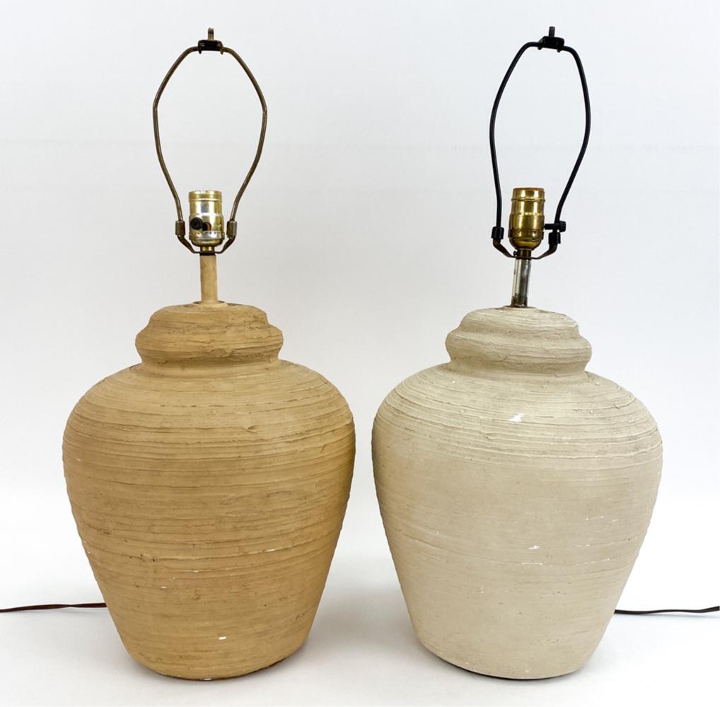 (2) DANISH MODERN BEEHIVE TABLE LAMPS C.1975: Two Vintage Danish Modern earth toned plaster table lamps attributed to Per Linnemann-Schmidt. Matching in style but not in color. Both hand signed and dated near base. S+Mind 1975. Dimensions: H 25"