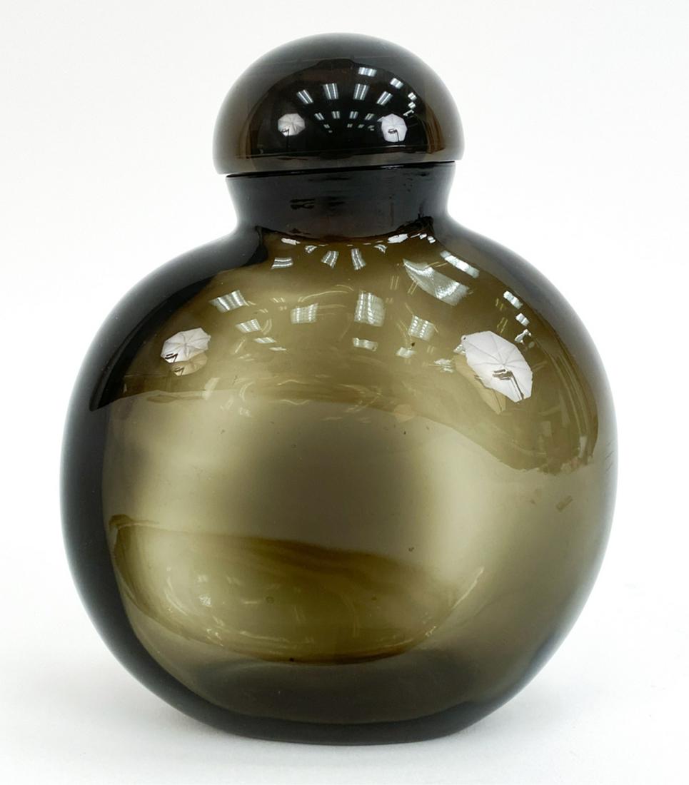 HALSTON FRAGRANCES LARGE GLASS PERFUME: With plastic cap. Label underneath. Dimensions: H 7.5" x W 6.5" x D 2.75" Condition: Empty, used.