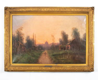 NILS HANS CHRISTIANSEN, R.A.C. DANISH (1850-1922): Oil on canvas; farm scene. Signed N.H. Christiansen R.A.C. lower left, with artist's name plate on frame. Dimensions: (Frame) H 26.5" x W 36.5" ; (Painting) H 20.25" x W 30.25" Condition: Three slashe