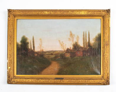 NILS HANS CHRISTIANSEN, R.A.C. DANISH (1850-1922): Oil on canvas; farm scene. Signed N.H. Christiansen, R.A.C. lower right, with artist's nameplate on frame. Dimensions: (Frame) H 26.5" x W 36" ; (Painting) H 20.25" x W 30.25" Condition: Canvas with s