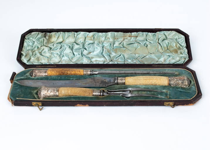 Antique Sterling Mounted Antler Carving Set