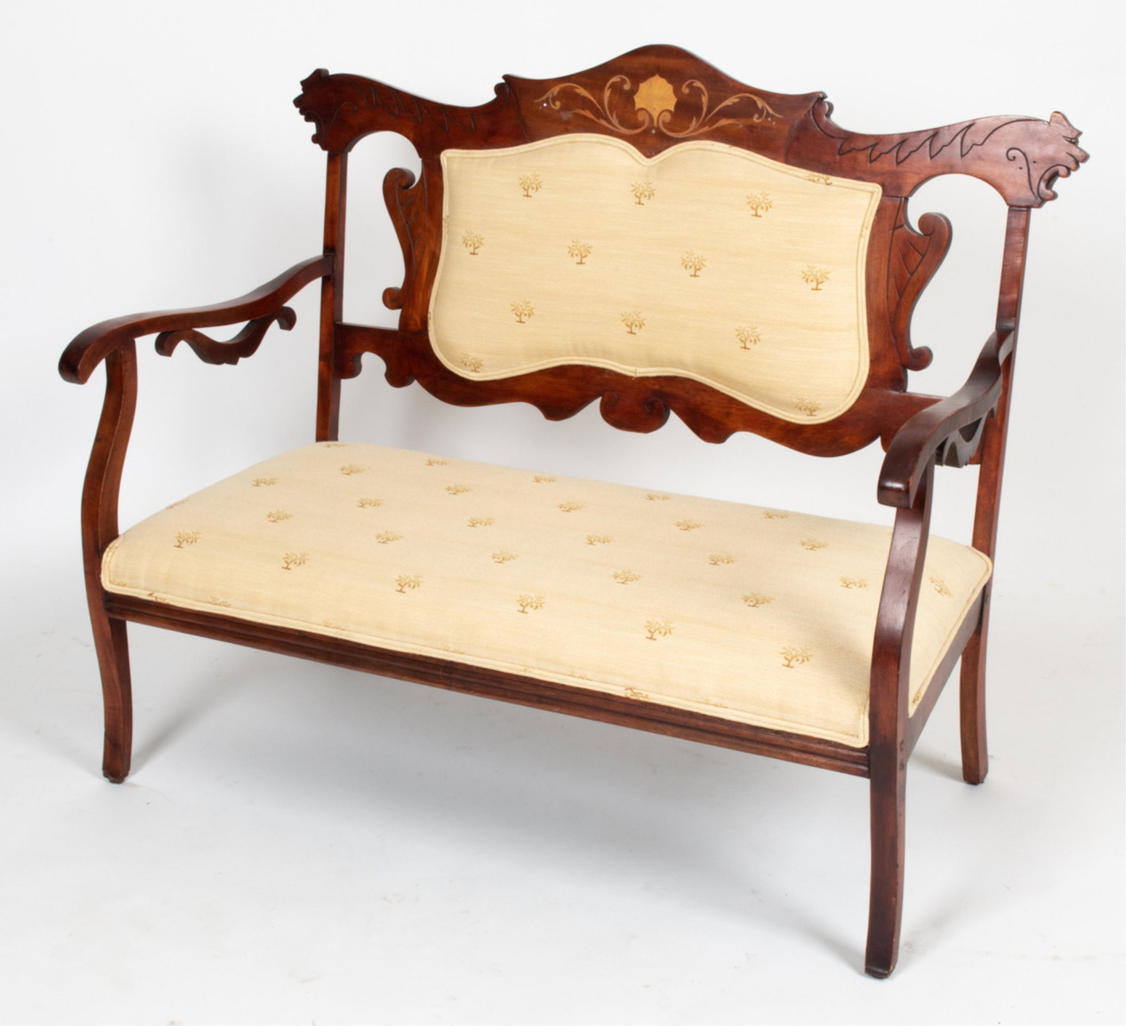 19TH C. MAHOGANY CARVED & INLAID SETTEE (1 of 13)