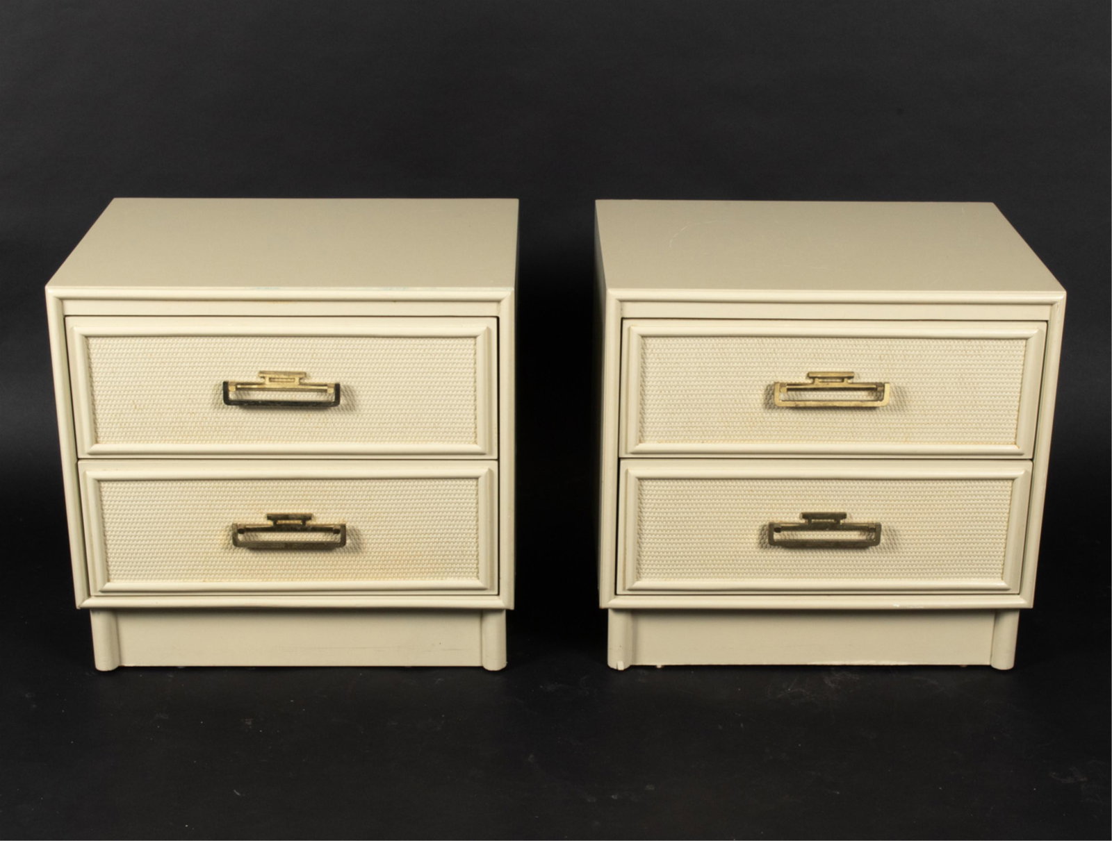 PAIR OF CHINOISERIE WICKER-FRONT NIGHTSTANDS: In off-white paint finish, with brass hardware; c. Late 20th Century. Dimensions: H 22.5" x W 23.75" x D 18" Condition: In very good vintage condition overall; a few nicks, dings, and scuffs; light we
