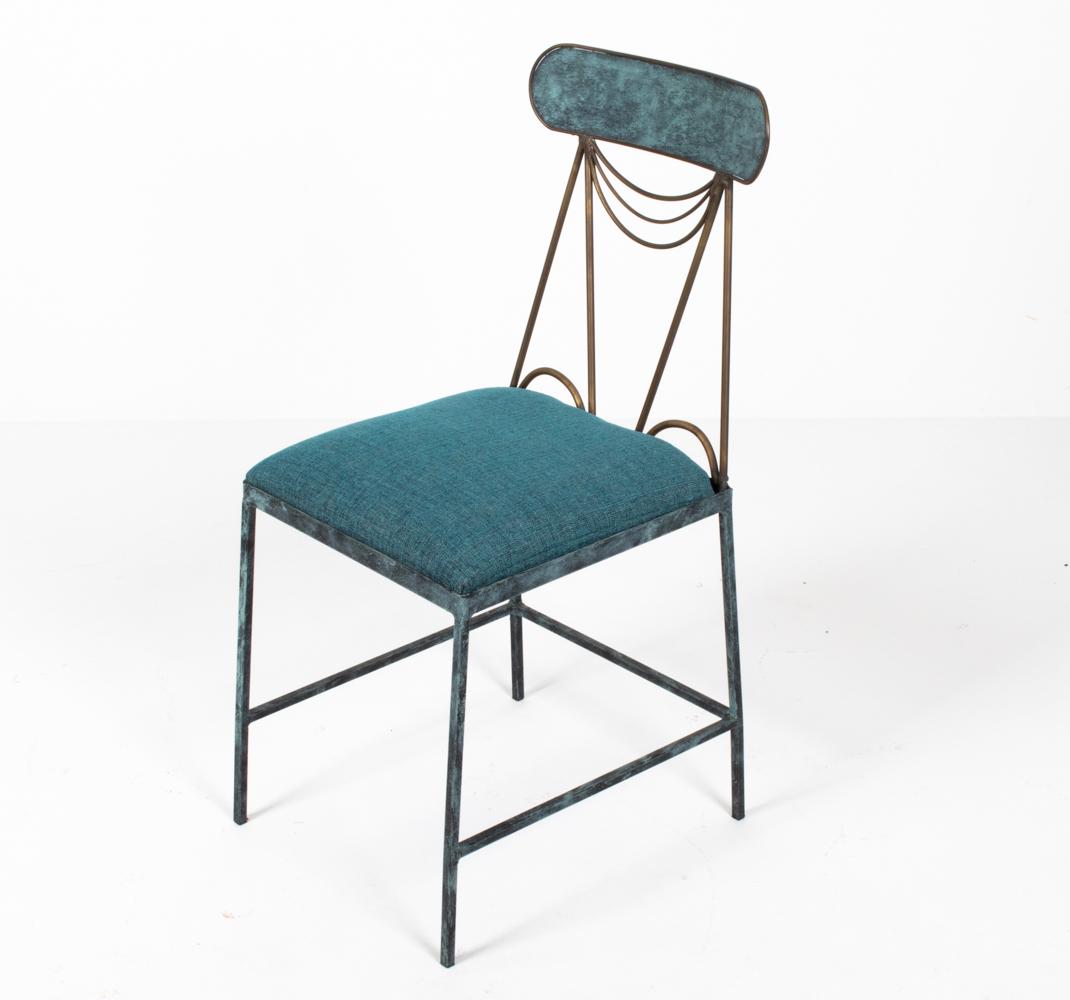 MARIO VILLA BRONZE CHAIR: Signed and dated "Villa '90" on seat rail. Dimensions: H 35" x W 15.5" x D 16" SH 18" Condition: Recently re upholstered. Intentionally distressed metal finish with patina to bronze.