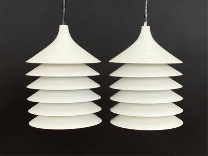 PAIR OF GAMMELGAARD-STYLE PENDANT LIGHTS: With Ikea labels. Style of Jorgen Gammelgaard's "Tip Top" pendant lights. Dimensions: (Fixture) H 8.5" x D 6" Condition: Normal signs of age and use including paint marks to wiring. Untested. Few smal