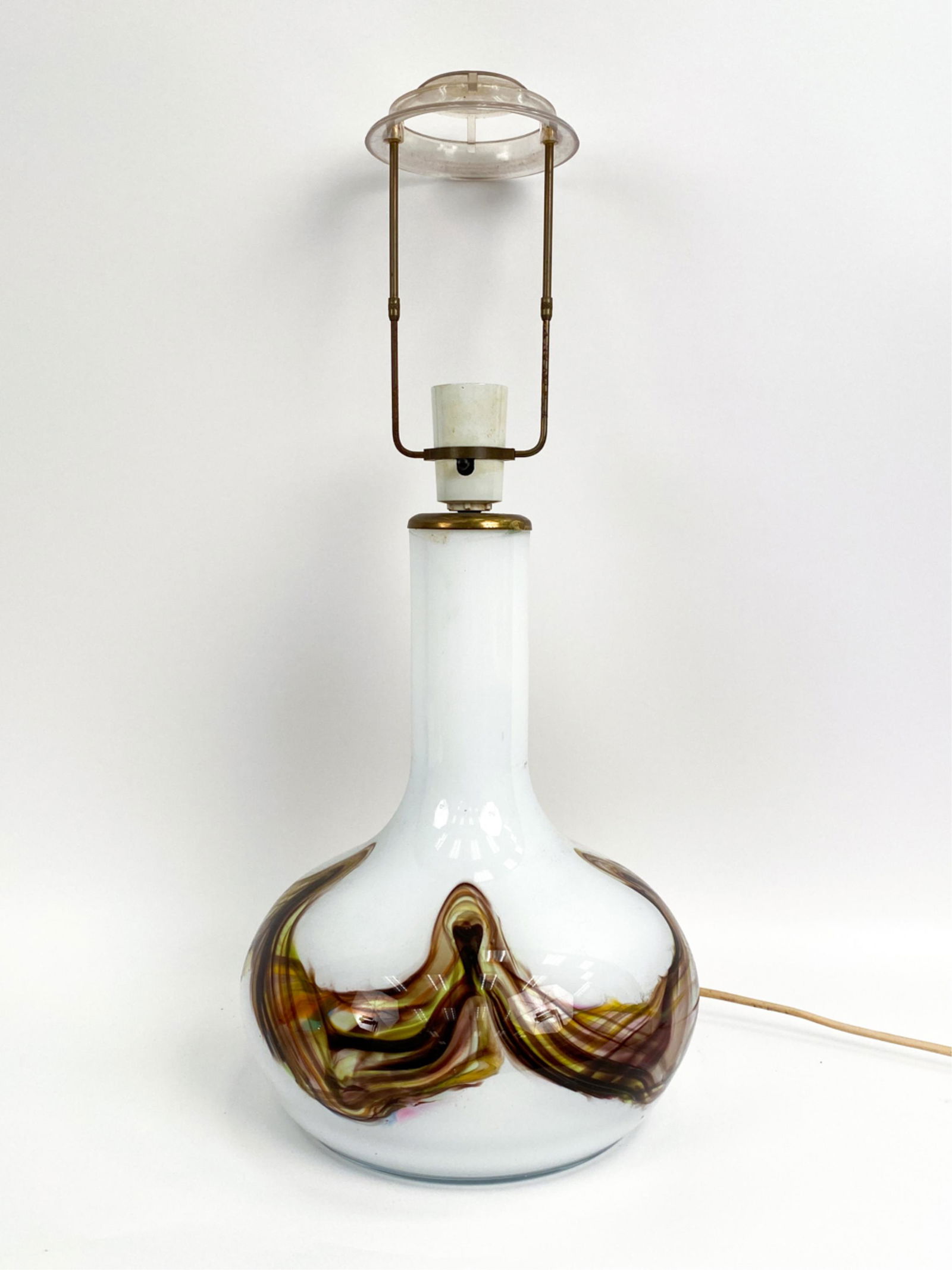 HOLMEGAARD MID-CENTURY ART GLASS TABLE LAMP: Unmarked. Dimensions: (Overall) H 21" x Dia. 10" Condition: Fixture removes easily from base. Untested; cord cut, needs to be rewired. Tape residue to rim of vase where fixture secures. Couple light m