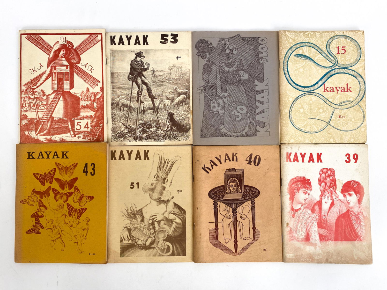 (8) VINTAGE KAYAK POETRY MAGAZINES: (8) Vintage Kayak digest magazines featuring poetry with clipart, public domain style illustrations. Edited by George Hitchcock. Mostly c.1970s. Dimensions: H 8.5" x W 6.5" x D .25" Condition: Minor s