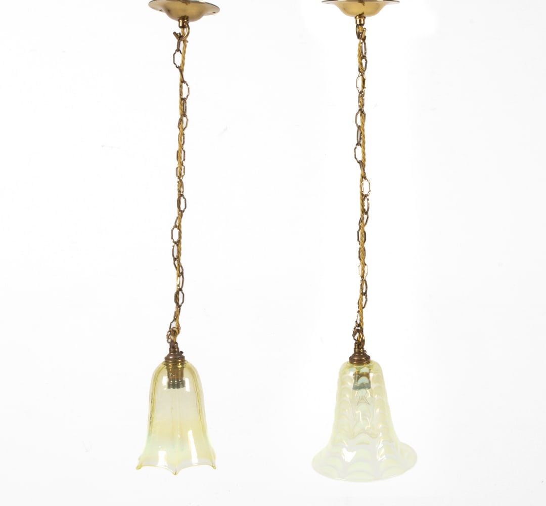 (2) ANTIQUE URANIUM ART GLASS PENDANT LIGHTS: Dimensions: (Larger, fixture only) H 8" x Dia. 6" ; Overall height (including canopy, chain/cord and fixture) measures 27.75" Condition: Wiring not tested; currently wired for UK. No signs of chips or