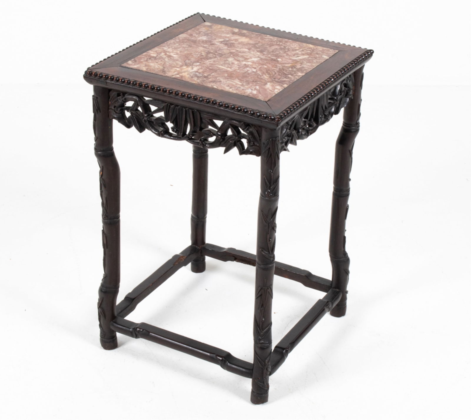 CHINESE CARVED FAUX-BAMBOO & MARBLE END TABLE (1 of 13)