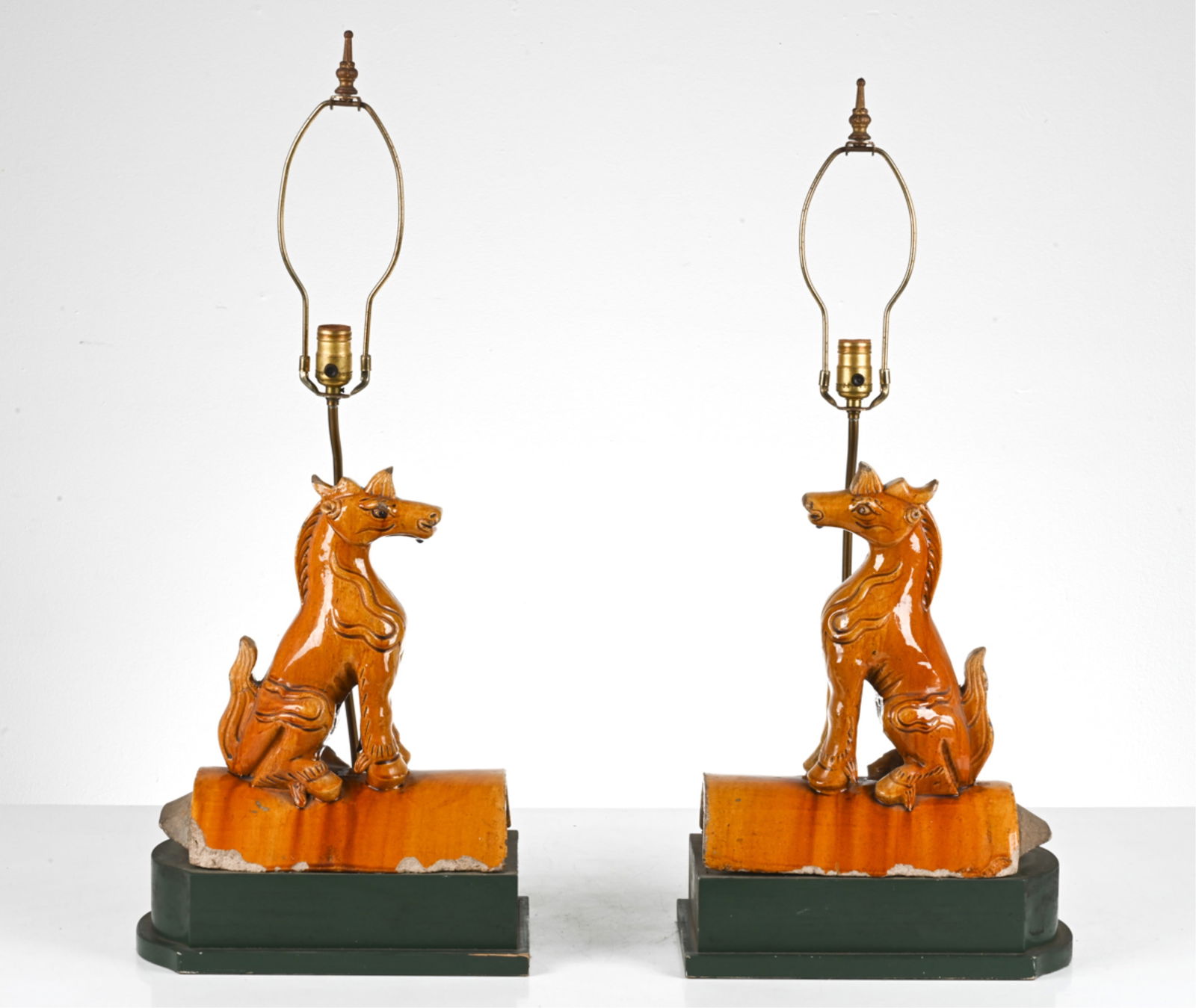 (2) CHINESE POTTERY ACROTERIA ROOF TILES, AS LAMPS (1 of 10)