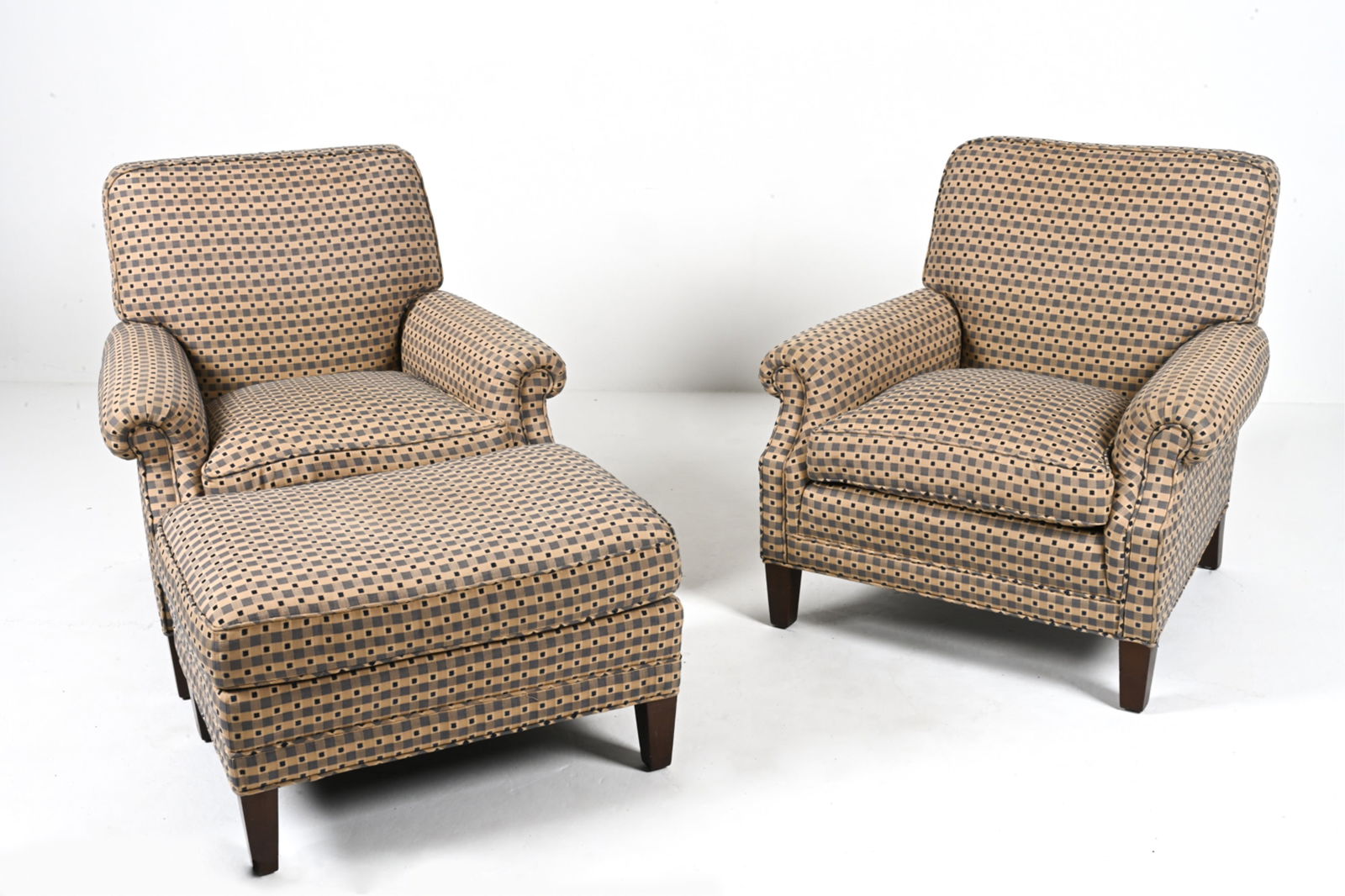 PAIR OF CUSTOM ROLLED-ARM LOUNGE CHAIRS & OTTOMAN (1 of 14)