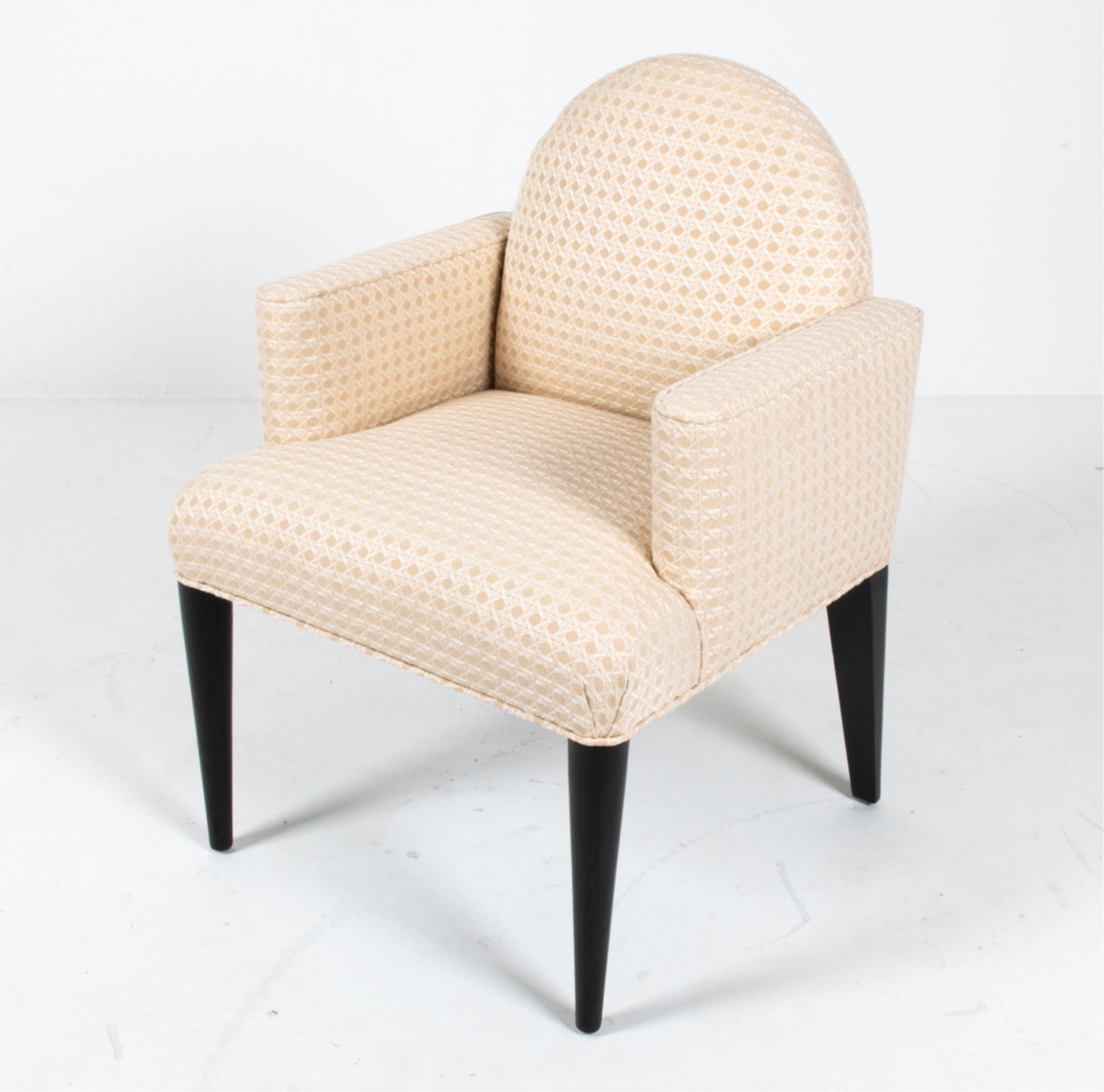 MODERN ART DECO-STYLE ARMCHAIR: C. Late 20th Century. Dimensions: H 35" x W 25" x D 24" x SH 20" Condition: In very good used condition; a few light scuffs to legs, a couple small pulls to fabric.