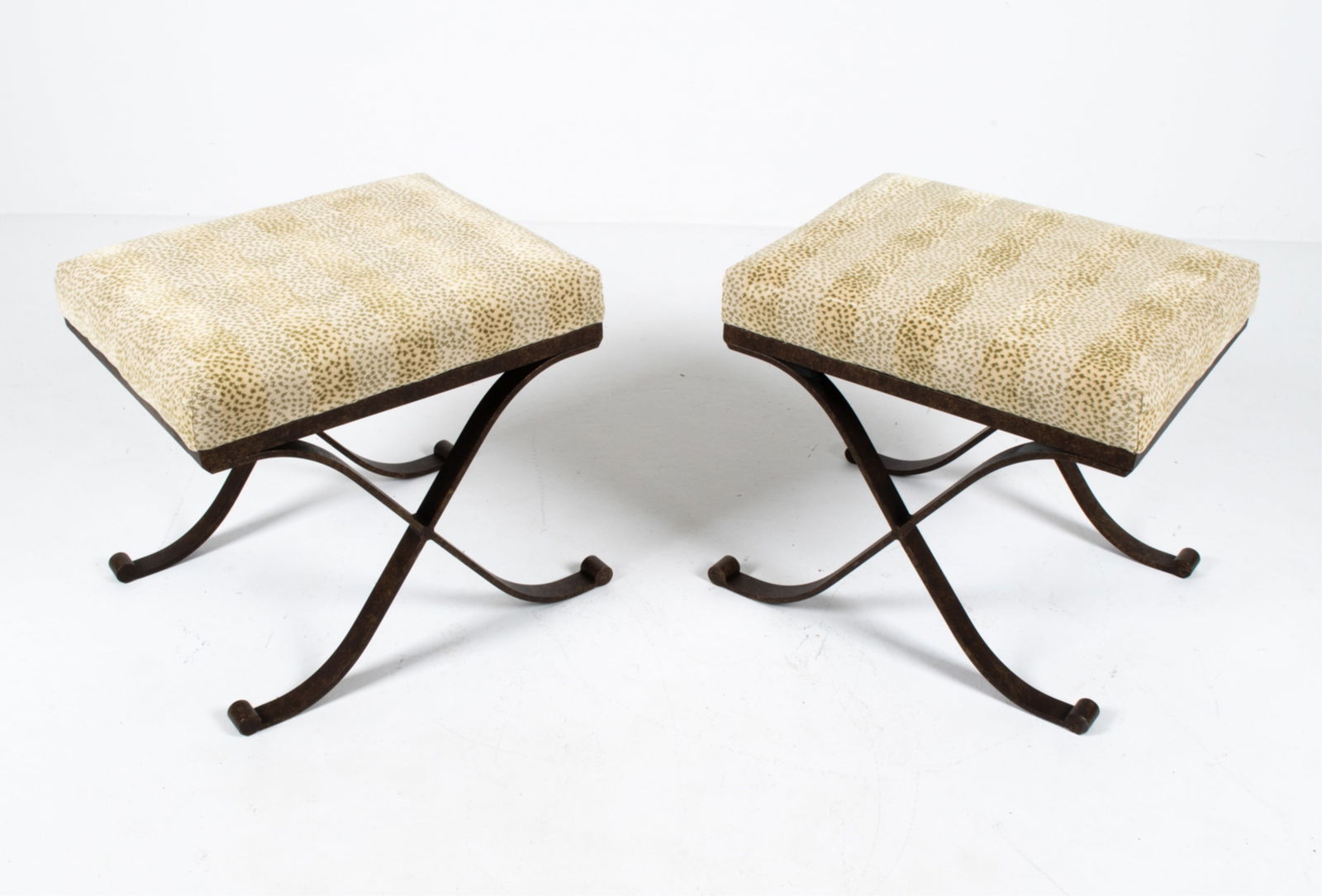 PAIR OF CUSTOM UPHOLSTERED METAL X-BASE STOOLS (1 of 12)