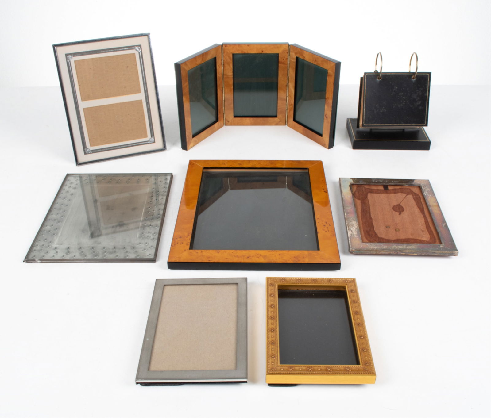 GROUPING OF VINTAGE PICTURE FRAMES: Dimensions: (Largest) H 12" x W 10" Condition: (2) Frames monogrammed; one missing glass. Wear consistent with age and use.