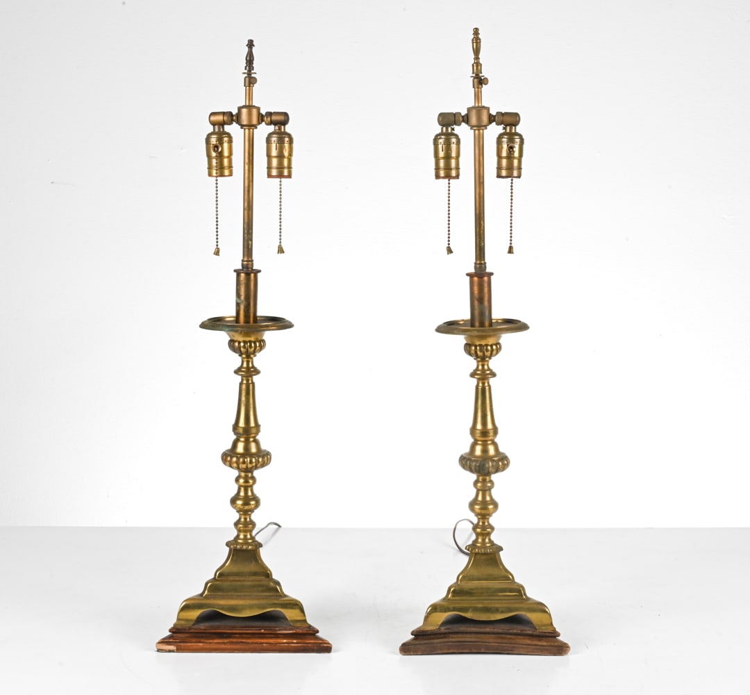 PAIR OF ANTIQUE BRASS CANDLESTICKS, AS LAMPS (1 of 7)