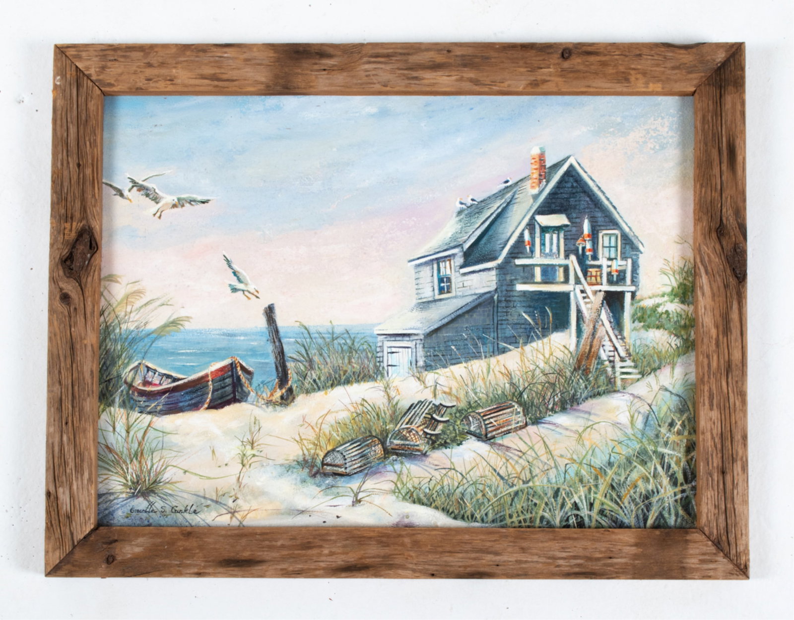 MID-CENTURY OIL ON MASONITE; BEACH HOUSE: Signed Gracella S. Gunkle lower left. Dimensions: (Frame) H 21.5" x W 27.5" ; (Painting) H 18" x W 24" Condition: Painting with light surface dust, a few stray marks. A few dings and rubs to frame.