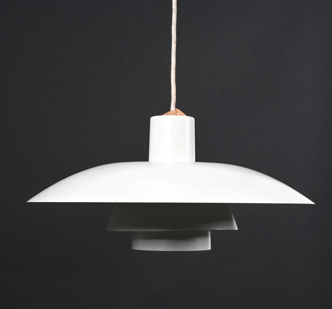 POUL HENNINGSEN LOUIS POULSEN PH 4/3 PENDANT AS-IS: Dimensions: H 8" x Dia. 16" Condition: As-is; missing top plate which secures cord apparatus. Wiring not tested. Nicks to enamel.