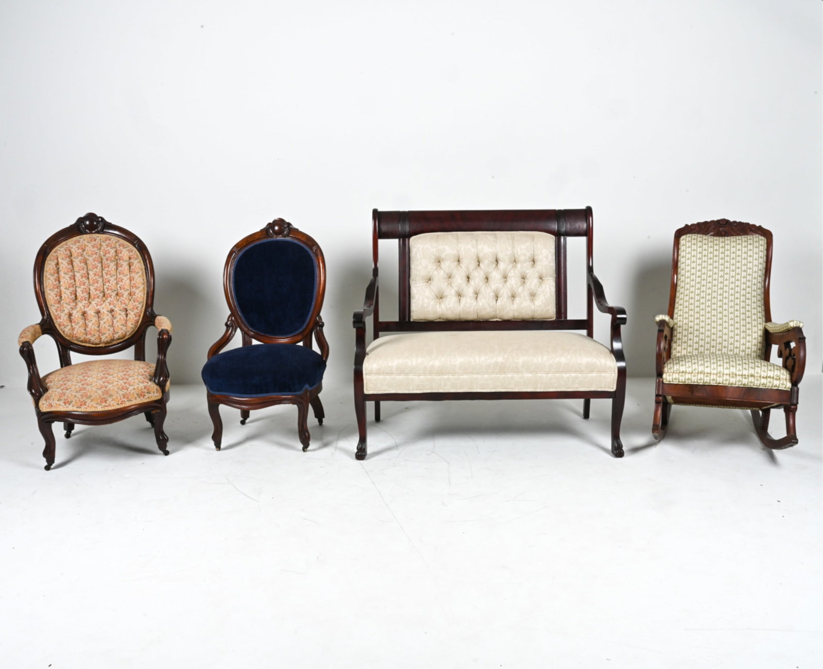 GROUPING OF VICTORIAN PARLOR FURNITURE: Dimensions: (Settee) H 43.25" x W 47" x D 23.5" x SH 18.5" Condition: Showing various signs of wear consistent with age and use.