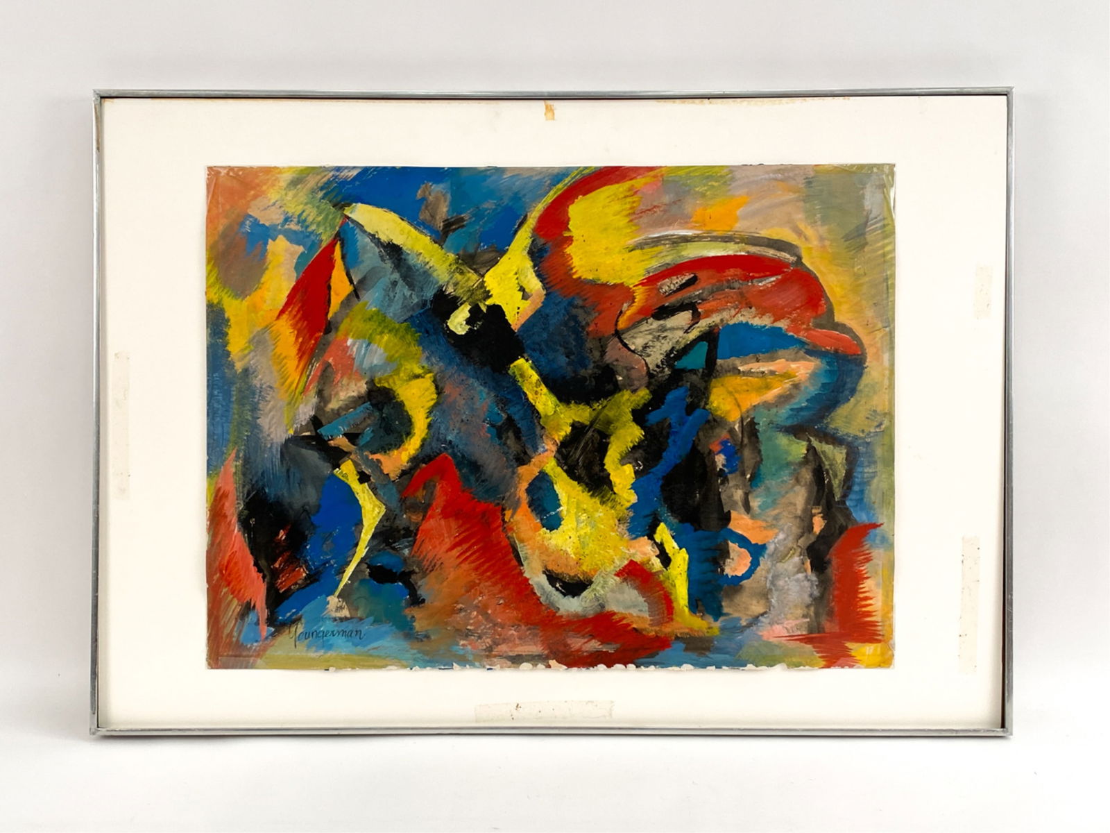 JACK YOUNGERMAN (1926-2020) EARLY ABSTRACT: Abstract gouache on paper, signed Youngerman lower left. Early work, possibly from his early days in Paris. Dimensions: (Frame) H 28.5" x W 40.5", (Paper) H 22.25" x W 30.25" Condition: Good, strong c