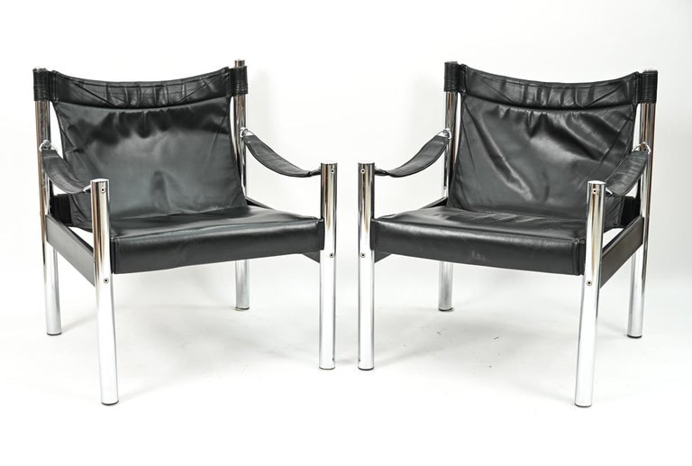 PAIR JOHANSON DESIGN LEATHER CHROME SAFARI CHAIRS (1 of 8)