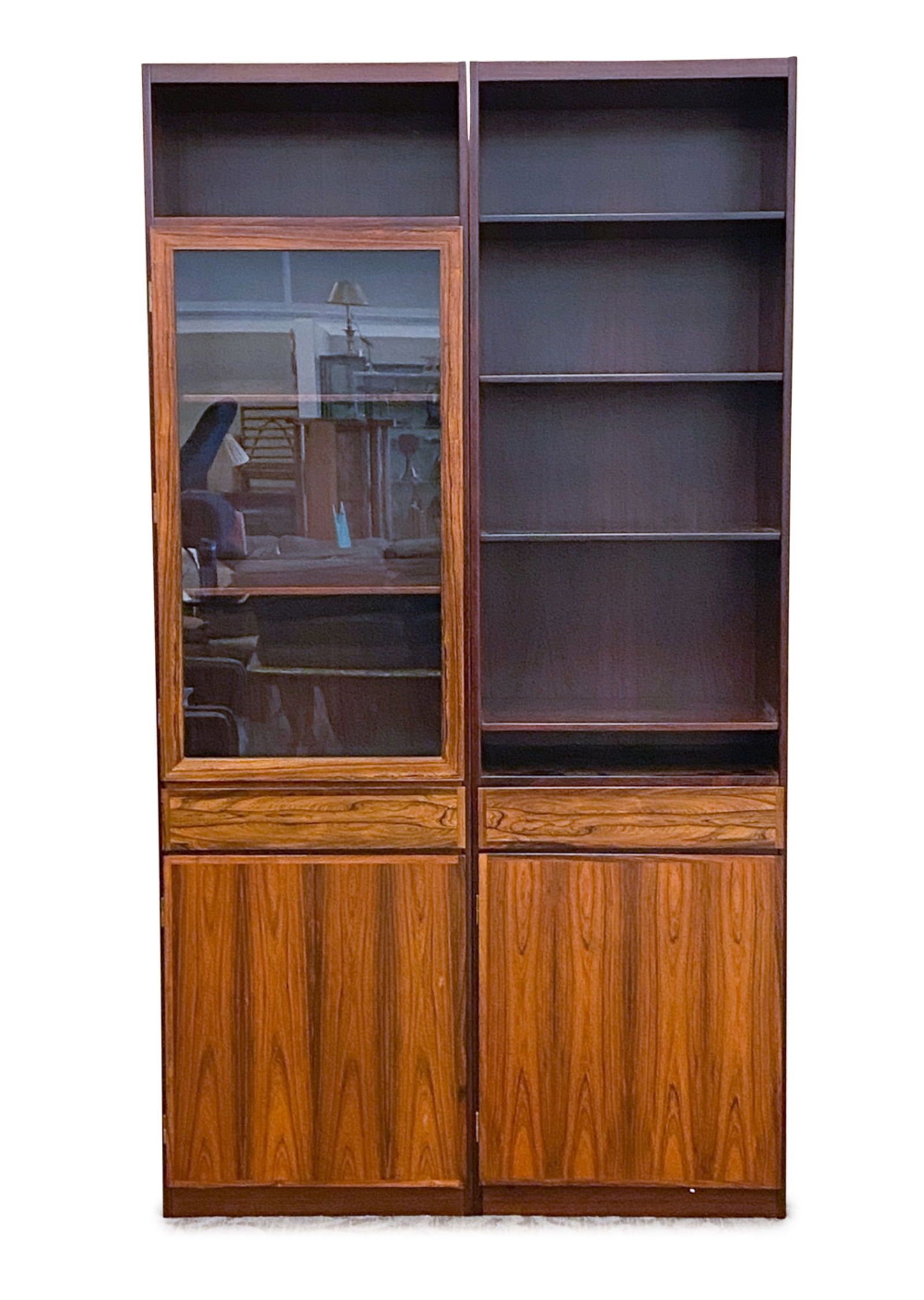 OMANN JUN "SCAN-FLEX" MODULAR ROSEWOOD CABINETS: This showstopping wall unit from the "Scan-flex" storage system by Omann Jun consists of two tall, modular cabinet units which can be arranged in a variety of configurations. Each unit is finished wit