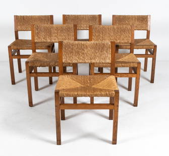 (6) MARTIN VISSER MODEL SE82 CHAIRS: (6) Model SE82 side chairs designed by Martin Visser for T. Spectrum, Netherlands, c. 1970's. Solid wood frames (likely oak) with woven rush seats. Dimensions: H 28" x W 18.5" x D 21.5" x SH 18" Condi