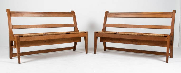 PAIR OF 1930'S DUTCH CABINETMAKER OAK CHURCH PEWS: In the style of Martin Visser; with woven rush seats. Dimensions: H 35.5" x W 57.25" x D 22.5" x SH 19.5" Condition: A few stress cracks; a couple chips to legs. Water soiling, dings and scuffs, finis