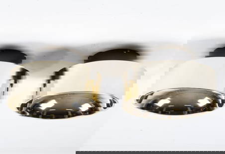 PAIR PETER CELSING FOR FALKENBERG LIGHT FIXTURES: Semi-flush mount wall or ceiling lights. Metal with matte enamel and goldtone/brass finish. Labeled Falkenberg on reverse side. Dimensions: H 7.25" x Dia. 11.5" Condition: Wiring not tested. Apparentl