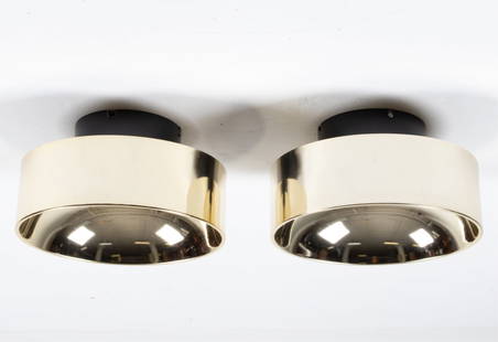 PAIR PETER CELSING FOR FALKENBERG LIGHT FIXTURES: Semi-flush mount wall or ceiling lights. Metal with matte enamel and goldtone/brass finish. Labeled Falkenberg on reverse side. Dimensions: H 7.25" x Dia. 11.5" Condition: Wiring not tested. Apparentl