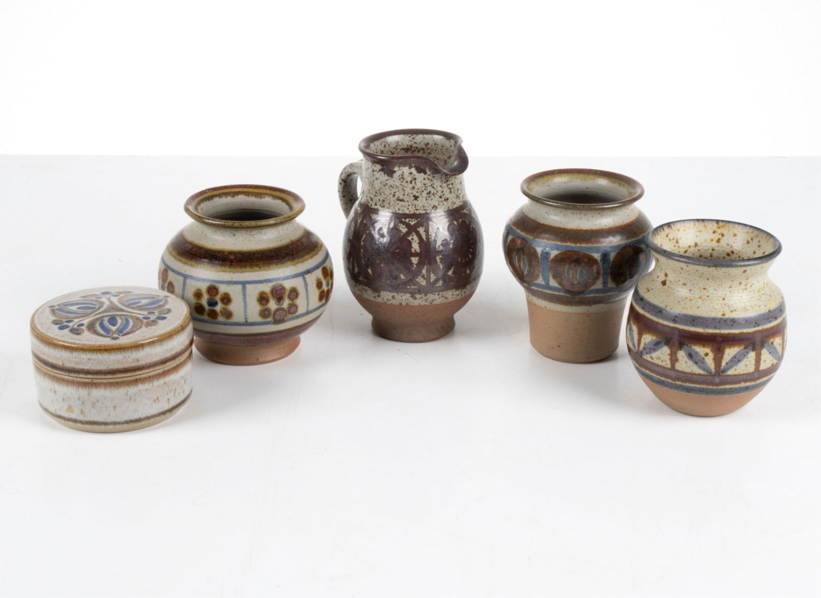 (5) MICHAEL ANDERSEN STUDIO POTTERY GROUPING: Dimensions: (Pitcher) H 6" x W 6" x D 5" Condition: One vase with repaired chip/break to rim; the rest with no issues to note. PA060