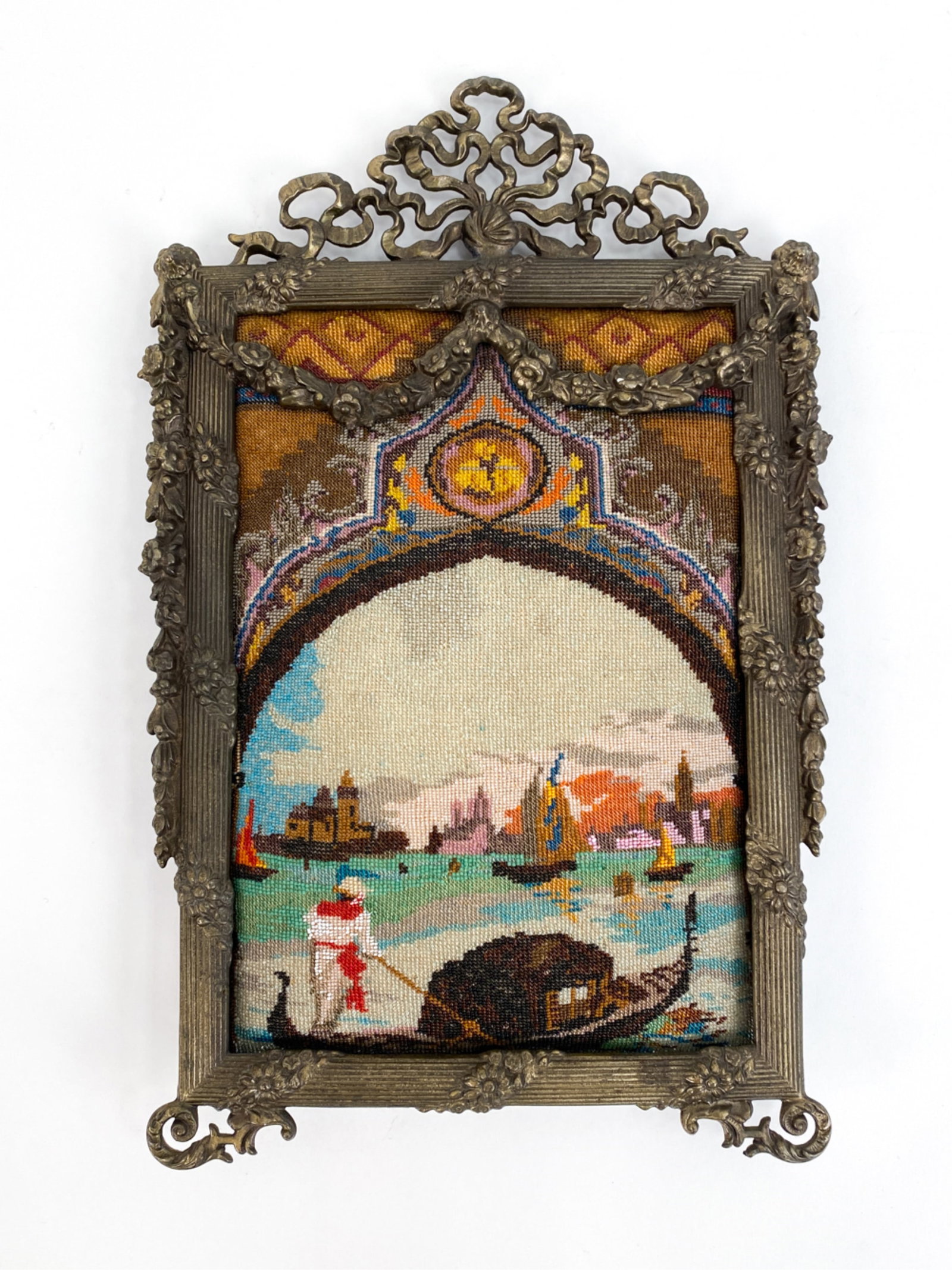 LATE 19TH CENTURY MICRO BEADED VIEW OF VENICE: Finely detailed beadwork presented in a decorated 19th Century brass frame. Dimensions: H 14" x W 8.75" Condition: Beadwork padded and wrapped around a backing board.