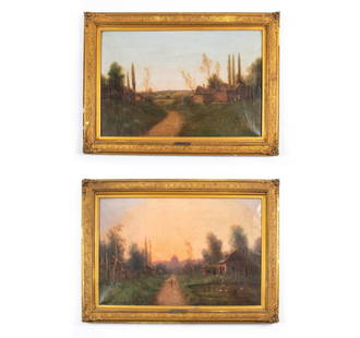 NILS HANS CHRISTIANSEN, R.A.C. DANISH (1850-1922): Oil on canvas; farm scene. Signed N.H. Christiansen R.A.C. lower left, with artist's name plate on frame. Dimensions: (Frame) H 26.5" x W 36.5" ; (Painting) H 20.25" x W 30.25" Condition: (Painting #1