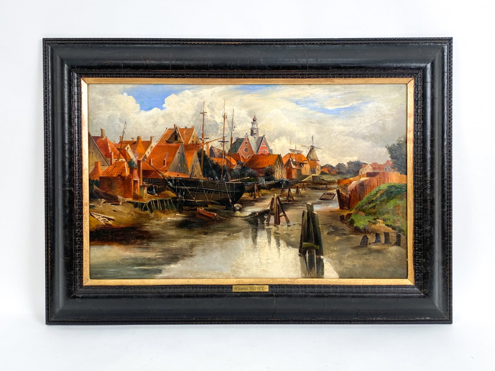 19TH CENTURY PAINTING DUTCH DOCK LOW TIDE O/C (1 of 7)