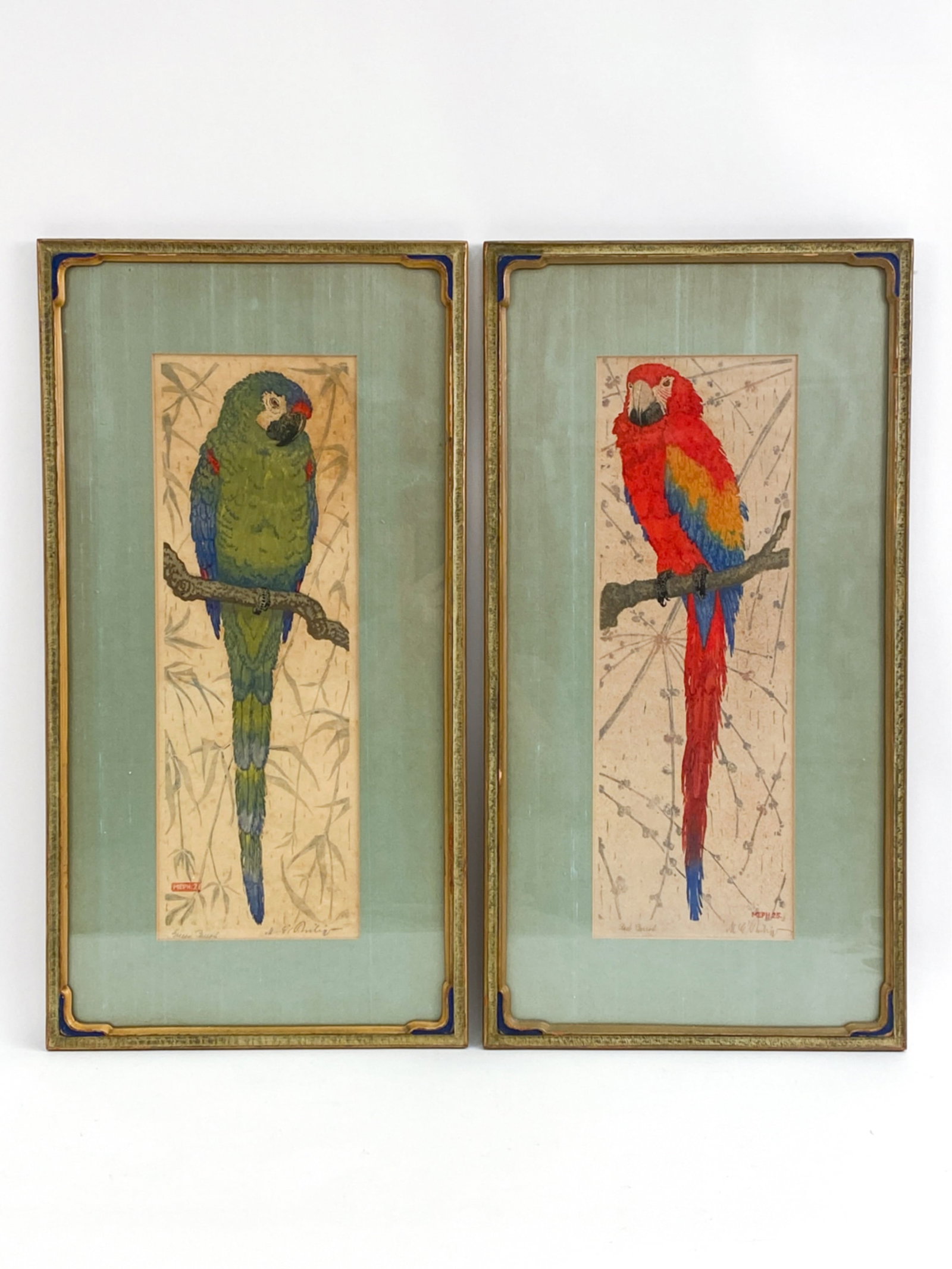PAIR OF EARLY 1900'S COLOR WOODCUTS PARROTS (1 of 12)