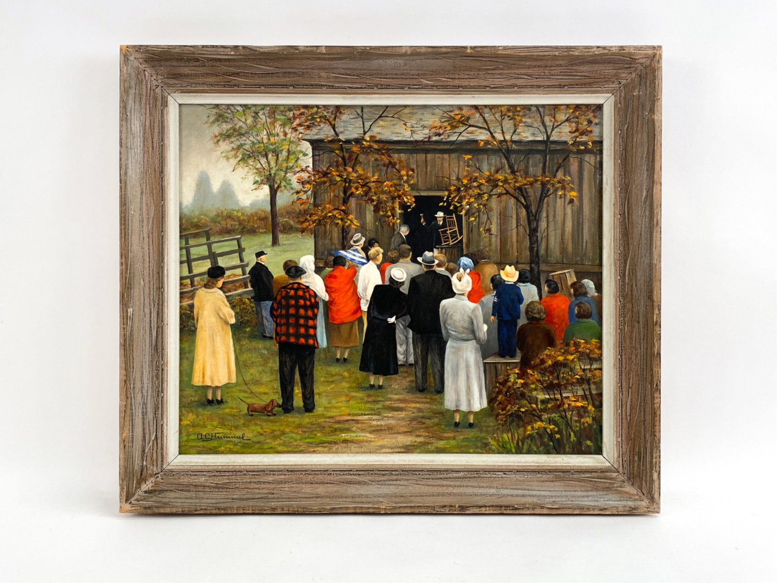A.C. HUMMEL C. 1950'S/60'S COUNTRY AUCTION O/B: Oil on canvas board of a barn auction. Signed lower left. Hummel painted in Massachusetts in the 1950's/60's. In a period frame. Dimensions: (Frame) H 26" x W 29.5", (Painting) H 20" x W 24" Condition