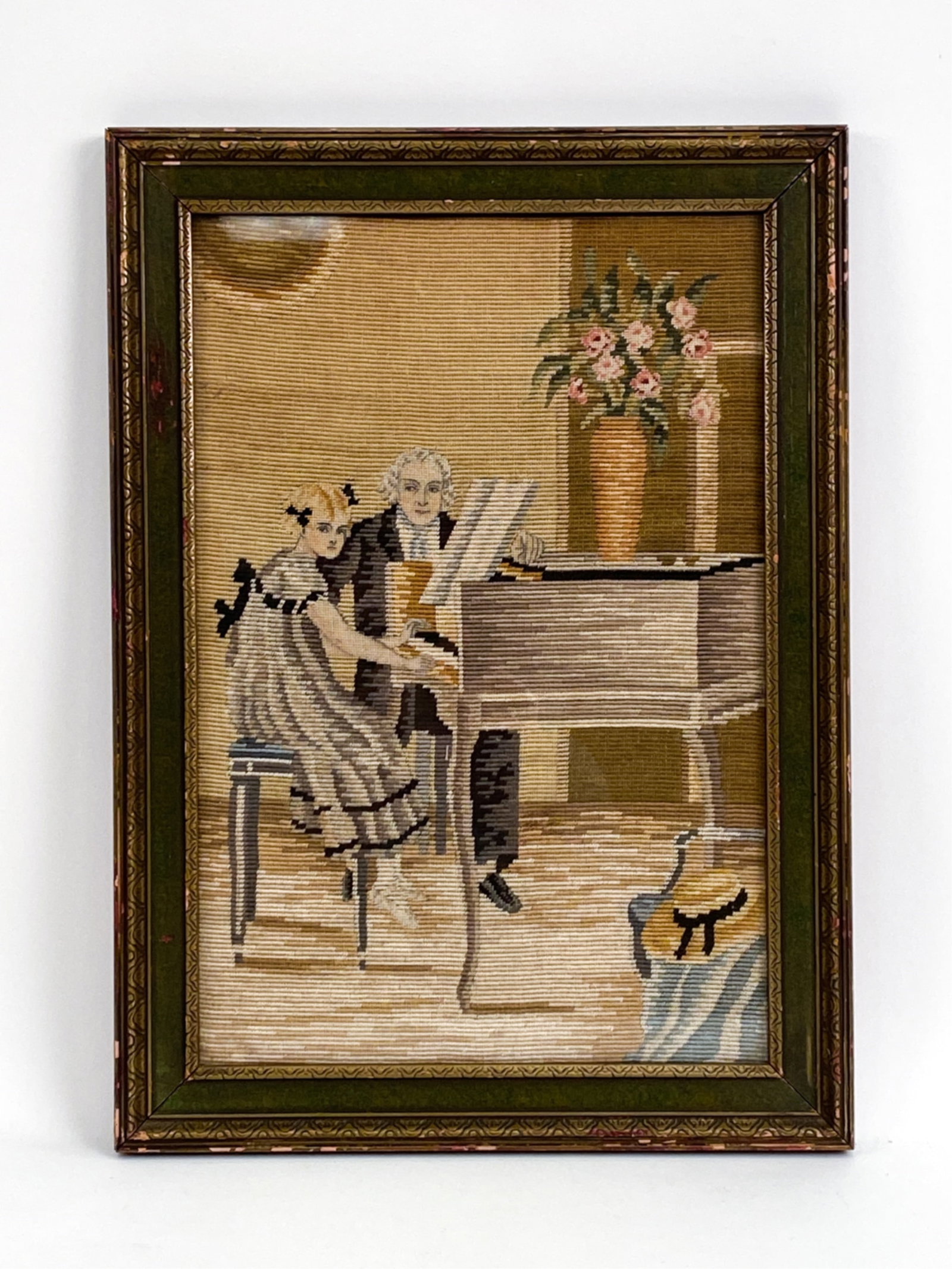 EARLY 20TH CENTURY NEEDLEWORK PIANO LESSON: Empire style scene. Dimensions: (Frame) H 19" x W 13.5" Condition: Frame with damages, overall light fading to textile.