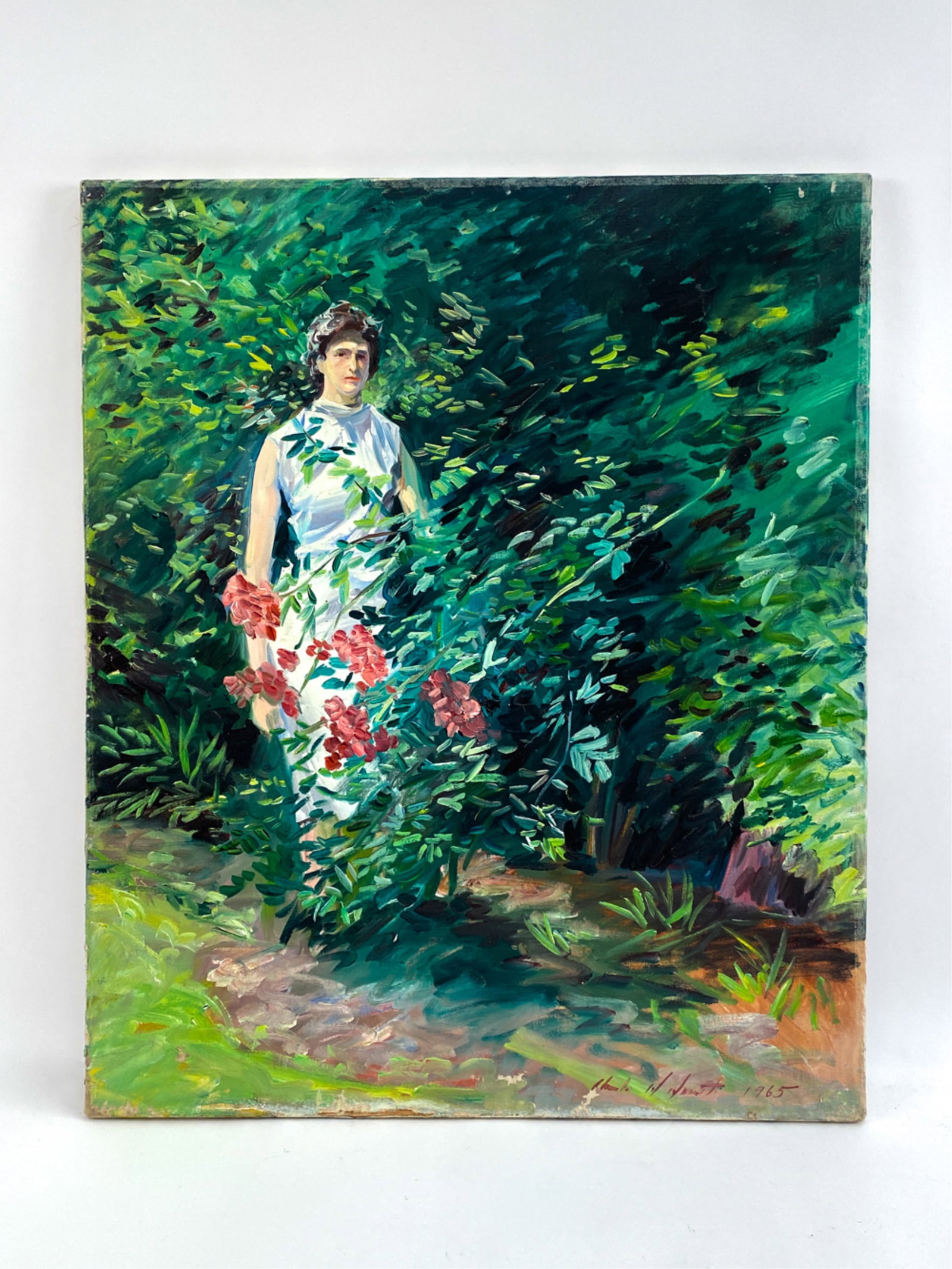 CHARLES MERRILL MOUNT (1928 - 1995) IMPRESSIONIST: Impressionist oil on canvas of a woman in a garden. Signed and dated 1965 lower right. With the artist's gallery label verso. Dimensions: H 30" x W 25" Condition: Some paint loss. Short tear lower cen