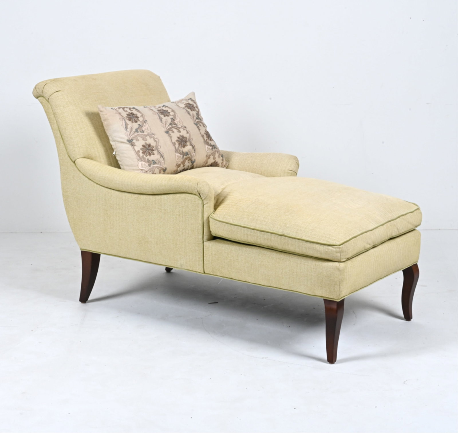 CHAISE LOUNGE IN NINA CAMPBELL FABRIC: Chaise lounge by Lee furniture, custom upholstered in herringbone "Montacute Weave" fabric by Nina Campbell. Dimensions: H 38" x W 30" x D 54" x SH 23" Condition: Sun fading, a few areas of minor soil