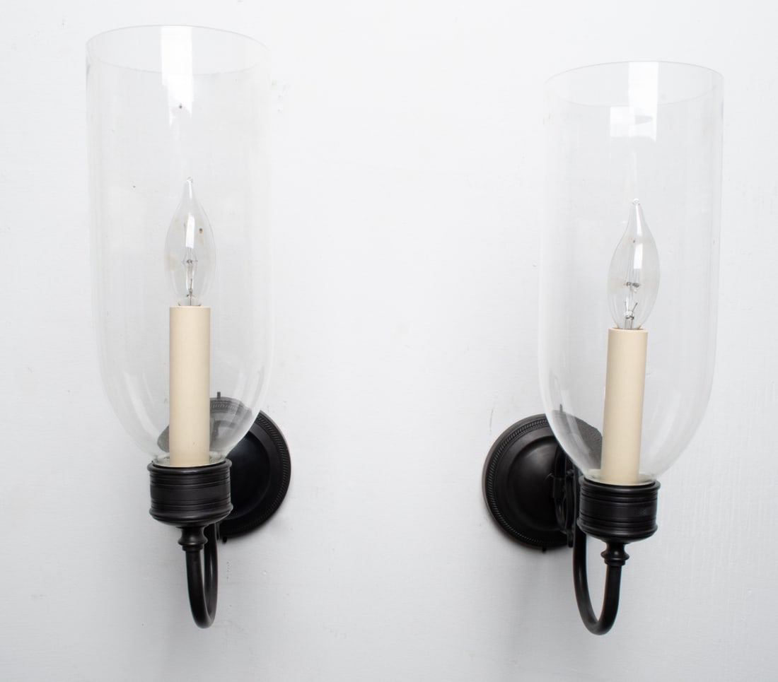 PAIR OF VAUGHAN "EARLY GEORGIAN" STORM LIGHTS: Dimensions: H 15" x W 5" x D 10.25" Condition: Wiring not tested. In excellent used condition; showing few to no signs of wear.