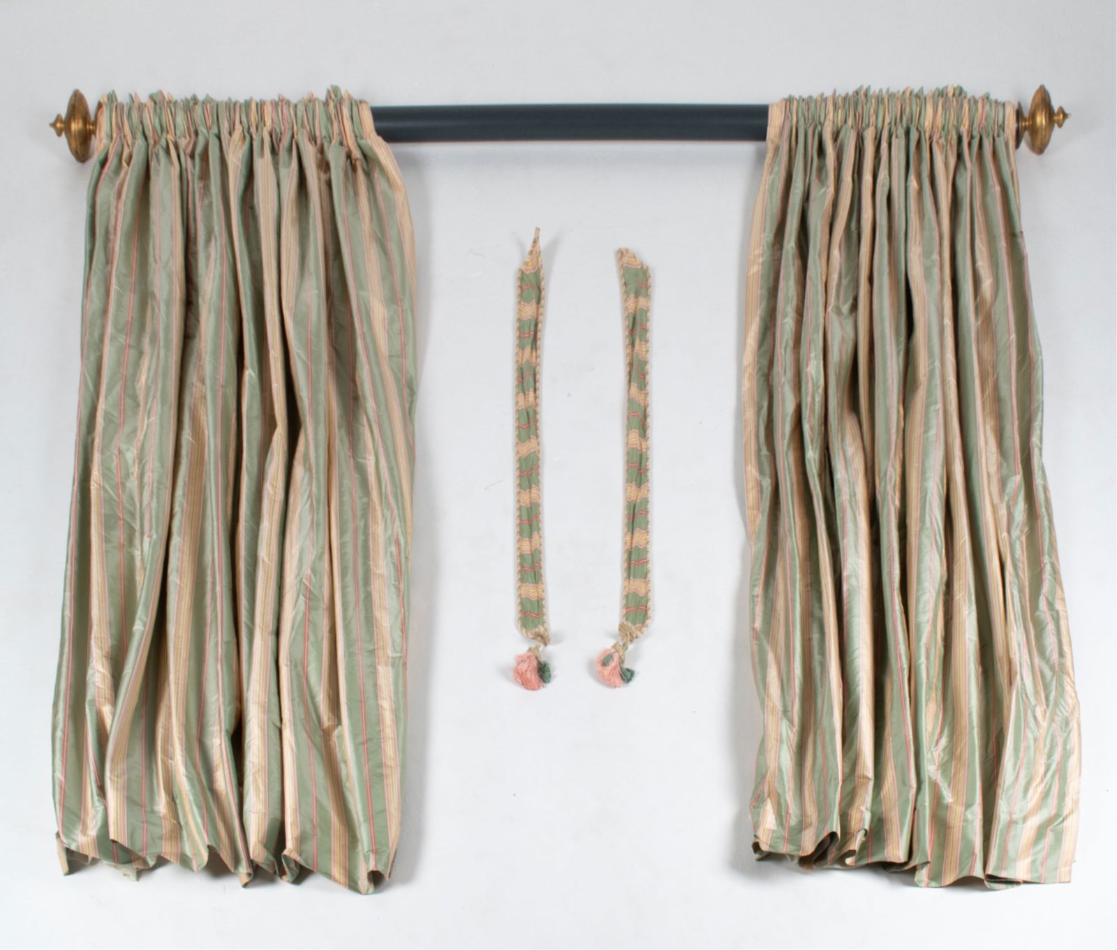 PAIR OF CUSTOM STRIPED SILK CURTAIN PANELS W/ ROD (1 of 11)