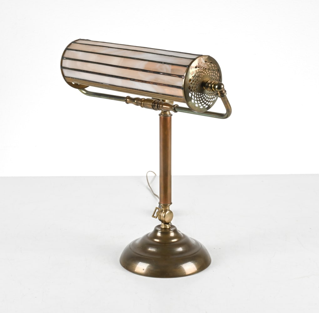 UNUSUAL LEADED SLAG GLASS PIANO LAMP: Contemporary. Dimensions: H 16" x W 15" x D 6.5" Conditions: With light patina to metal. Not tested.