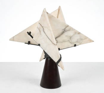 MANNER OF PIERRE CHAREAU SCULPTURAL ALABASTER LAMP: An exceptional sculptural table lamp in the manner of Pierre Chareau's iconic "nun" series. Metal with oil-rubbed bronze finish over a conical wood base, with four triangular alabaster slabs. Dimensio