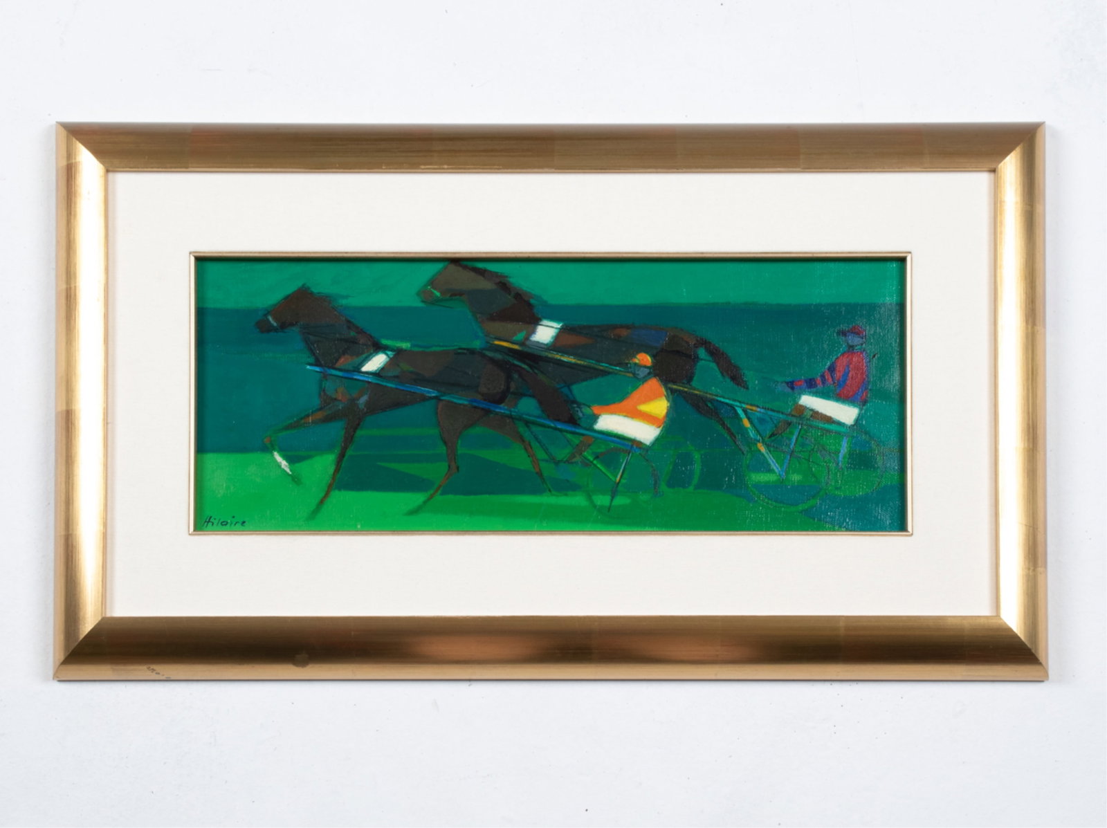 CAMILLE HILAIRE, FRENCH (1916-2004) O/C: Abstracted oil on canvas of trotters. Signed lower left. With name and title verso. Dimensions: (Frame) H 14" x W 25.25", (Painting) H 7.5" x W 18.5" Condition: Uneven varnish. A few marks to the fram