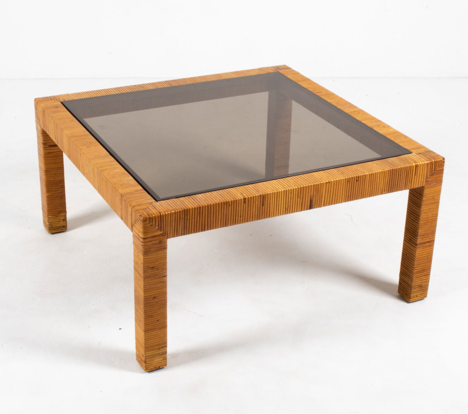 BIELECKY BROS. RATTAN & SMOKED GLASS COFFEE TABLE (1 of 14)