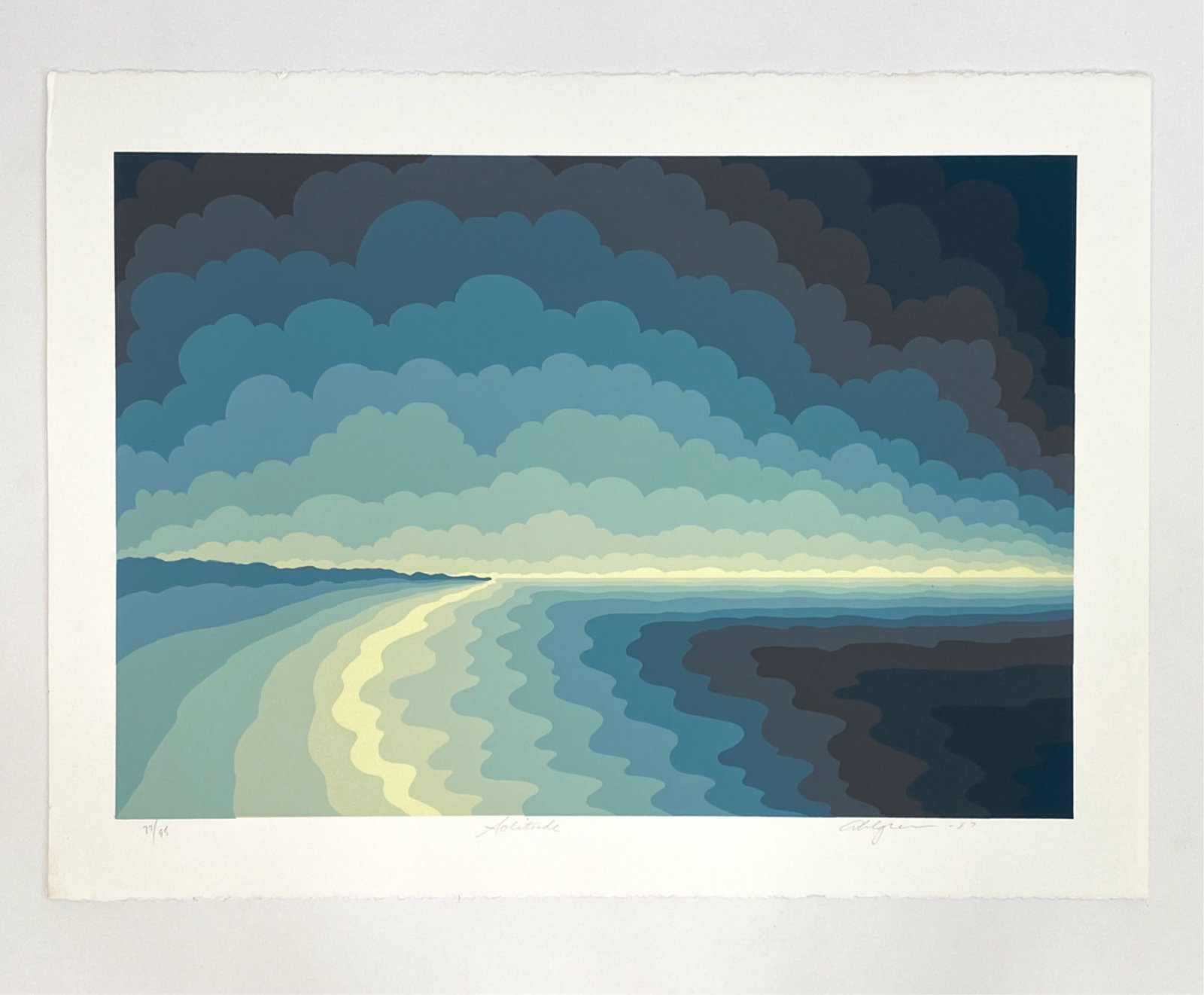 ROY AHLGREN (1927-2011) SILKSCREEN: "Solitude." Pencil signed, dated 1987, numbered 77/95. Dimensions: L 29.75" x W 22.5" Condition: Bright colors. Clean paper.