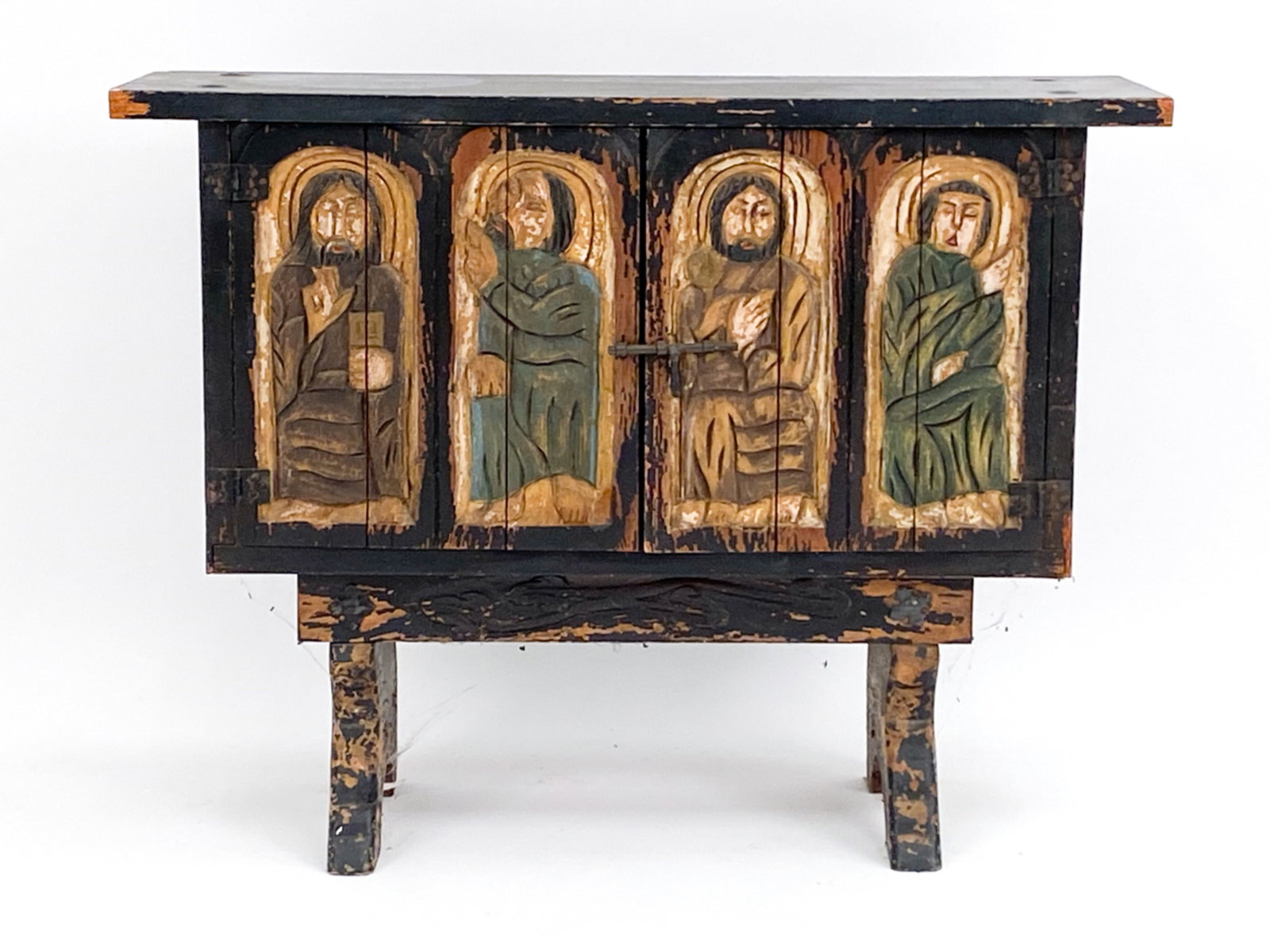 VINTAGE SPANISH REVIVAL STYYLE CHEST: Chest front with carved and painted figures. Plank construction. Dimensions: H 26.5" x W 35.5" x D 14" Condition: Paint losses, scrapes, rubbing. Chipping.