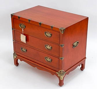 HENREDON ASIAN-STYLE CHEST: Low three-drawer chest with brass fittings. In an antiqued faded red. With Henredon tag. Dimensions: H 24" x W 26" x D 17" Condition: Top with some water damage. Scrapes to edges.